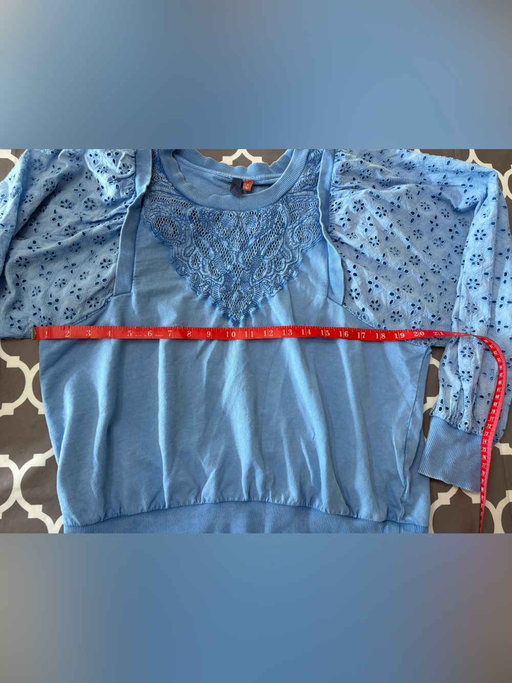 ANTHROPOLOGIE PILCRO Washed Light Blue Eyelet Sleeves Lace Pullover Sweatshirt - Picture 7 of 10